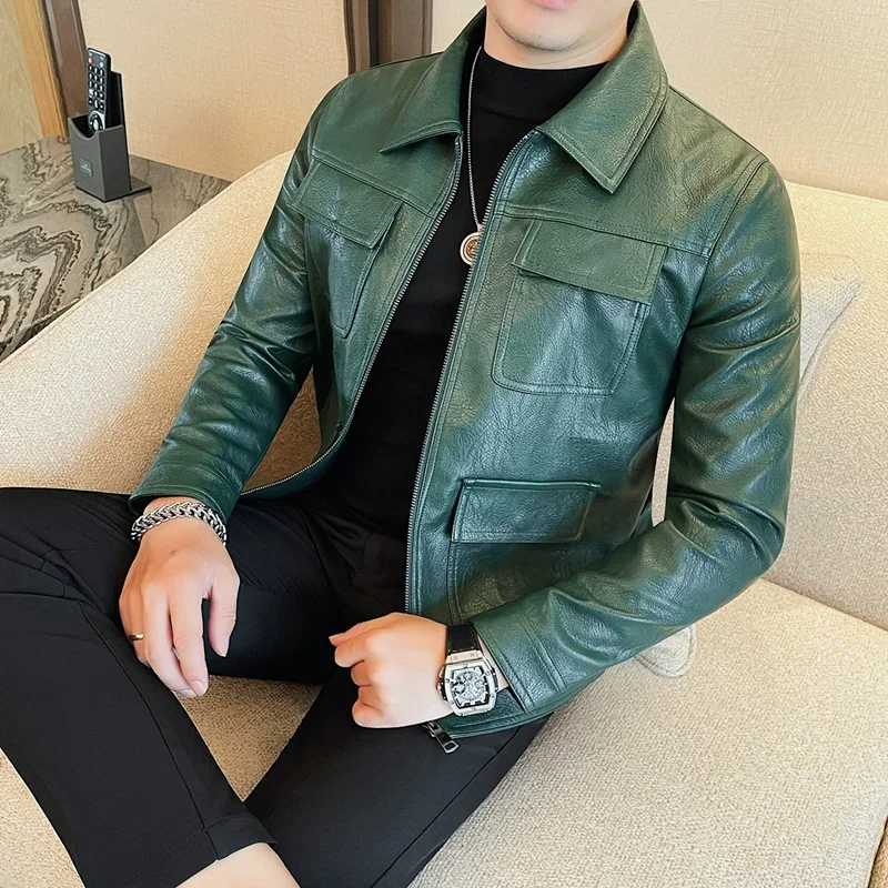 Autumn Winter Motorcycle Riding Faux Leather Jacket Fashion Multi Pocket Design PU Leather Vintage Business Slim Men Coats