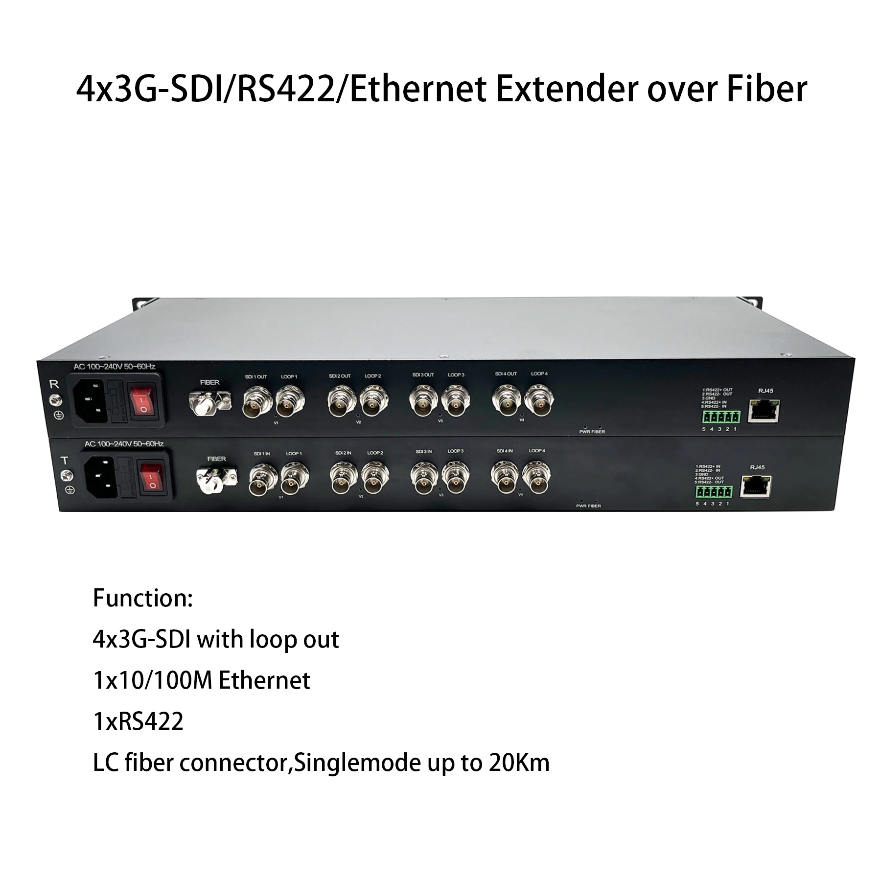 

3G-SDI Video Audio over Fiber Optic Converters, with 1x10/100M Ethernet RS422 data, Uncompressed Broadcast Professional quality