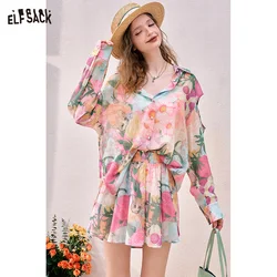 ELFSACK 2024 Summer New Lazy style printed pink holiday style themed shorts two piece suit for women