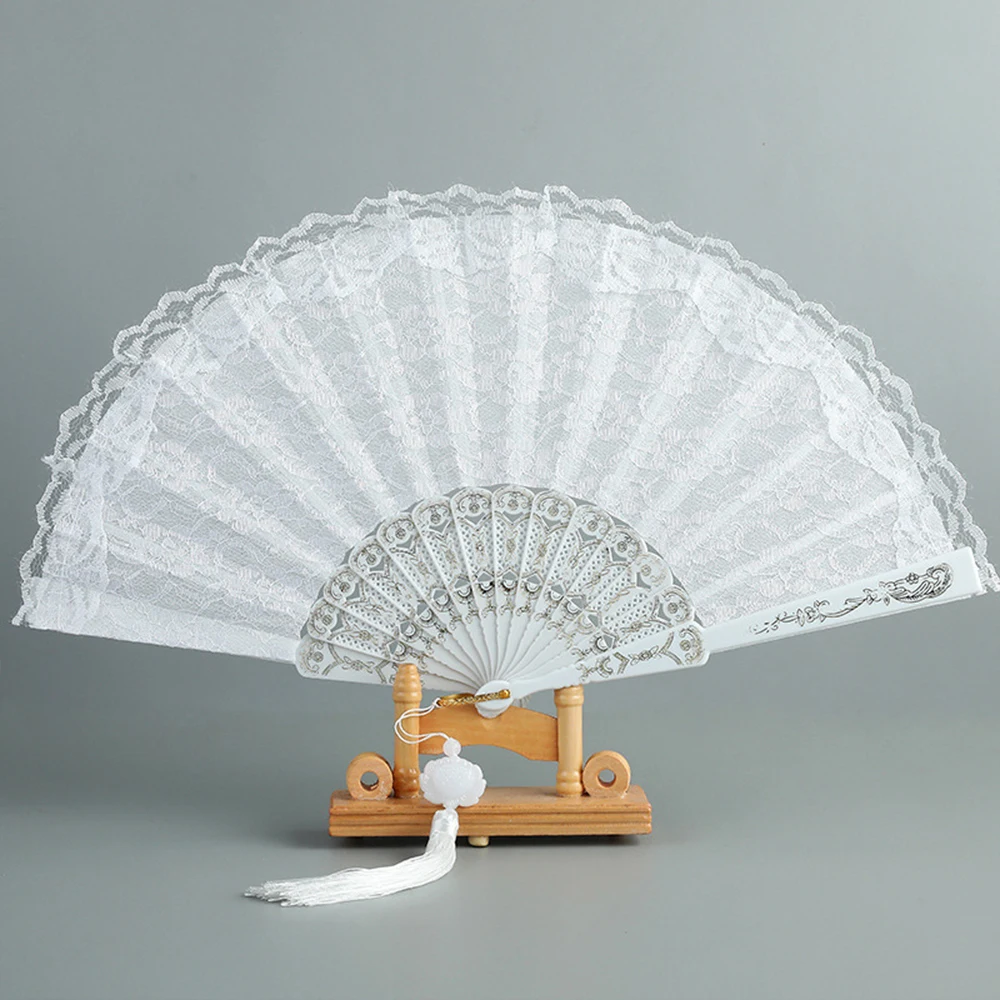 Fashion Wedding White Lace Folding Fan Plastic Wedding Cosplay Party Home Decorative Fan Ancient Bride Hand Fan Decoration