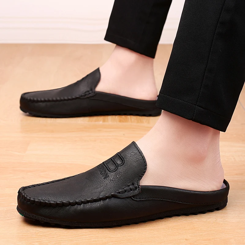 Summer Mules Men Backless Casual Shoes Loafers Slippers Breathable Leather Outdoor Light Half Shoes Italian Design Slides Sandal