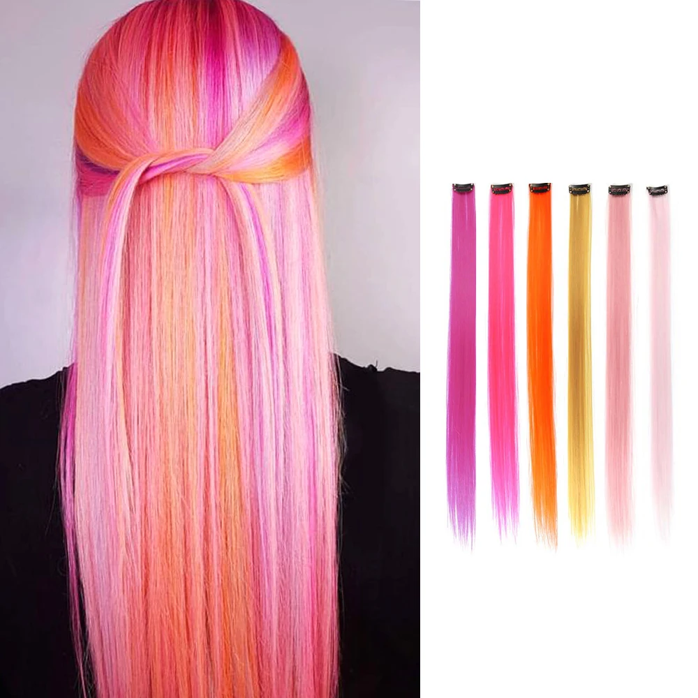 22Inches 6Pce/Set Y2K Style Multicolor Synthetic Straight Hair Gorgeous Pink Highlights Clip In Extensions For Party Cosplay