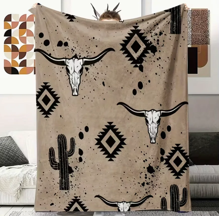 Rustic Western Flannel Blanket, Soft Casual Warm Blanket Multi-Purpose Office Throw Blanket Outdoor Camping Travel Blanket