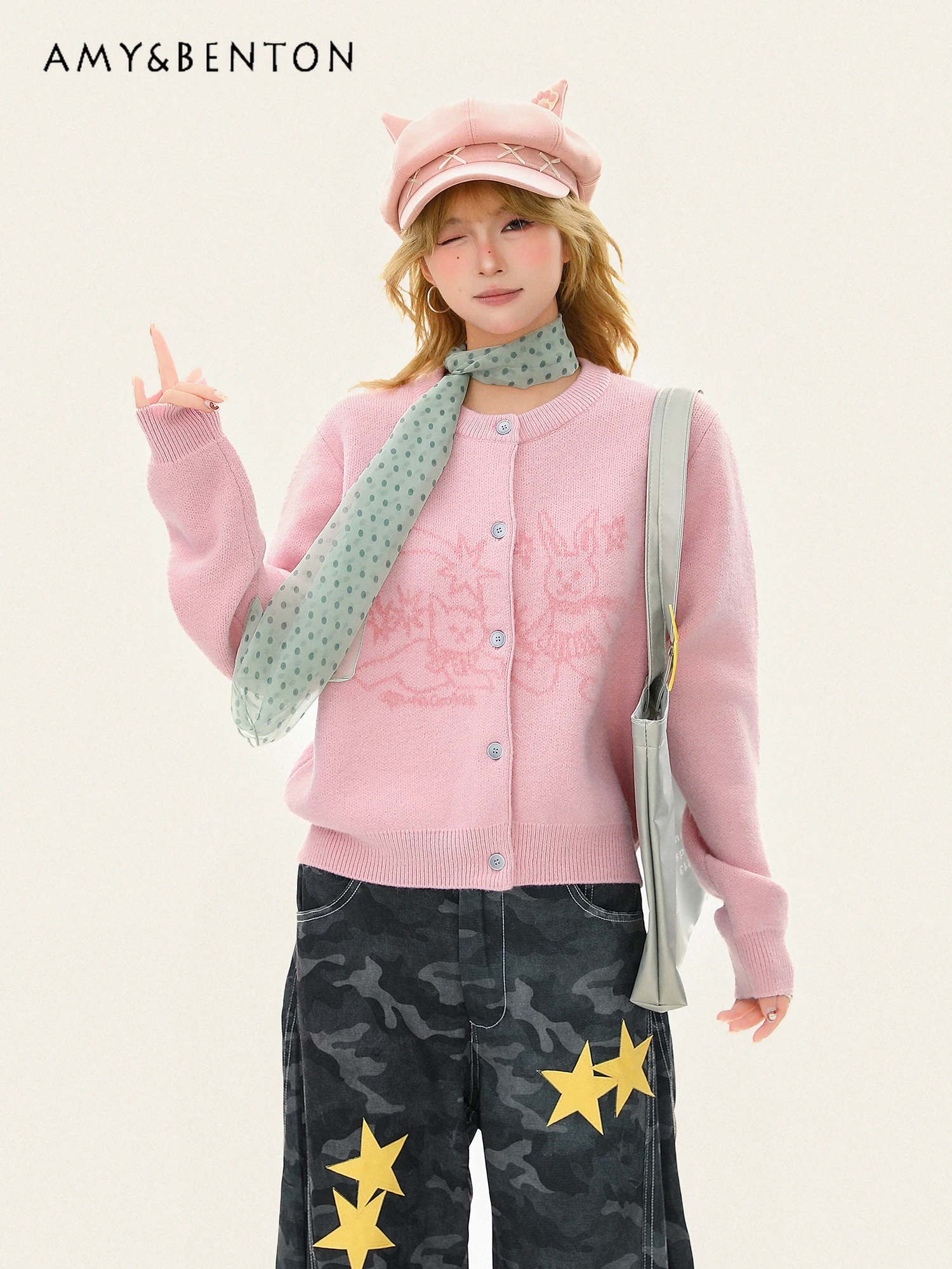 

Autumn Winter New Cute Bunny and Kitten Print Pink Sweater for Women Slim Fit Casual Short Coffee Color Knitted Cardigan