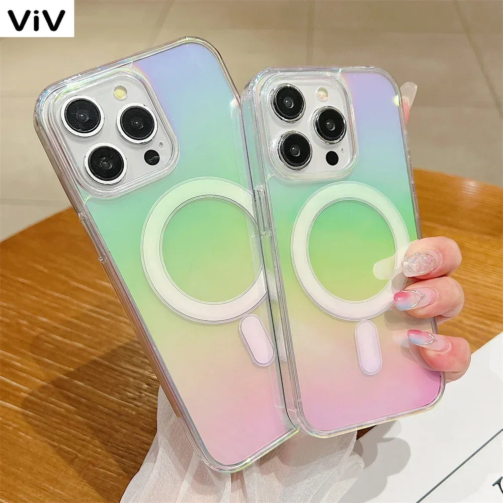 Rainbow Gradient Magnetic For Magsafe Case For iPhone 16 15 14 13 12 11 Pro Max 16 Plus 13 12 Mini Wireless Charging Clear Cover