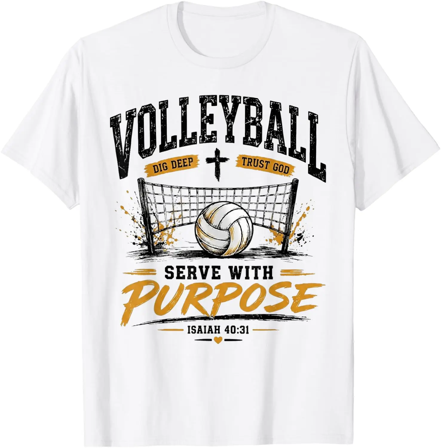 Volleyball Dig Deep Trust God Serve With Purpose T-Shirt Men Women Unisex Novelty Graphic T‑Shirt, Classic Crew Neck 100% Cotton Tee, Lightweight Anti‑Pilling Breathable Casual Tops, Year‑Round Daily Outfit, Holiday Birthday Present Tee for Friends Family