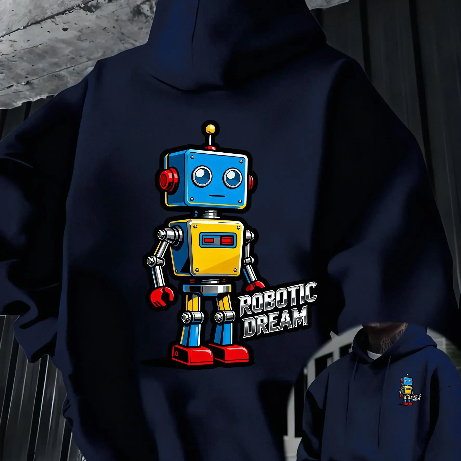 Men Hoodie Retro Robot Robotic Dream Graphic Print Hooded Sweatshirt Casual Loose Streetwear Pullover For Youth