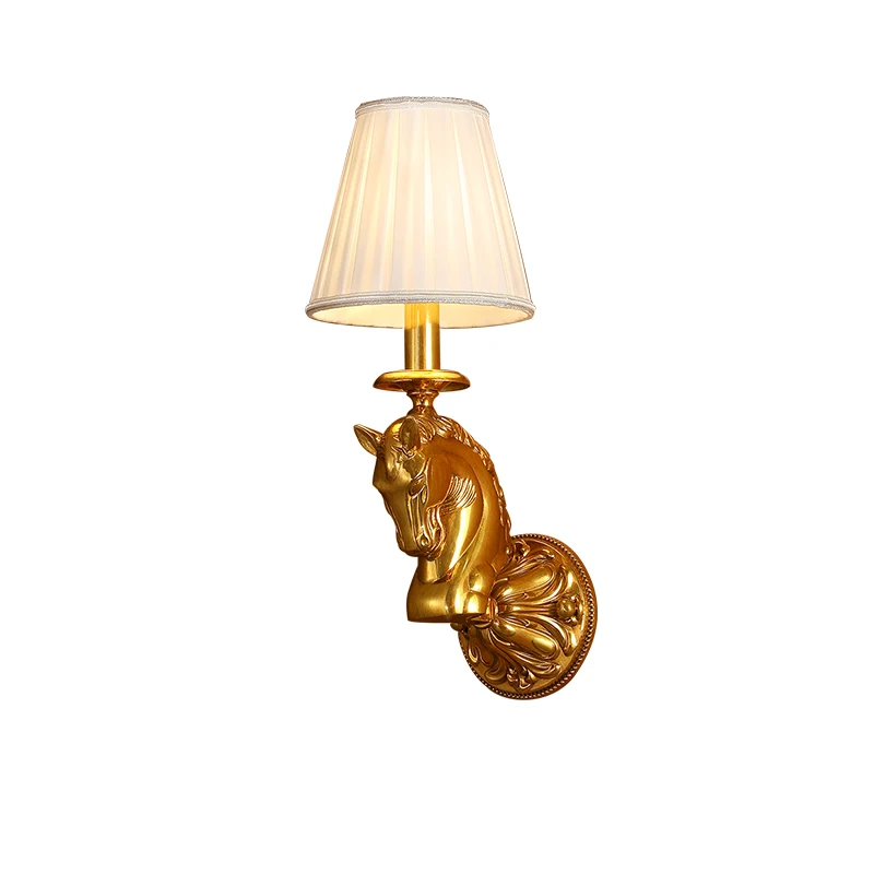 

European Luxury Living Room Copper Wall Light Bedroom Bedside Corridor Staircase Sconce French Horse Decorative Brass Wall Lamp