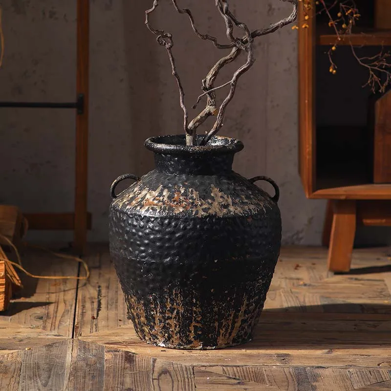 Medieval wabi sandy wind coarse pottery decorative flower pot high sense living room dried flower storage jar ornament retro and