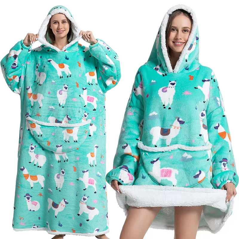 Women Long Sherpa Fleece Hooded Blanket for Adult Warm Cozy Blanket Sweatshirt with Giant Pocket Thick Flannel Wearable Hoodie