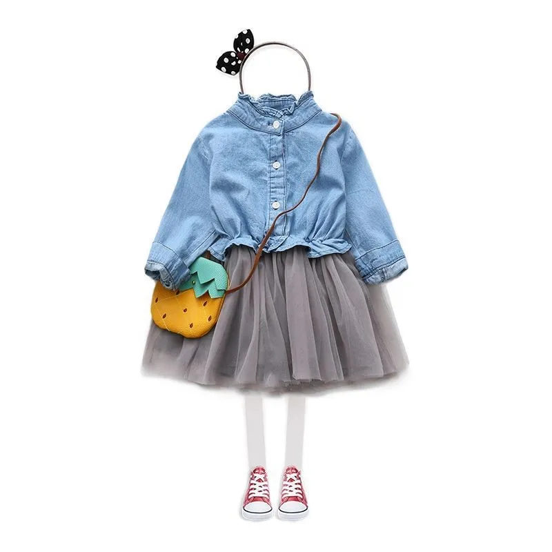 2024 new Summer Girls Baby Kids Denim+mesh Lace dress Elegant Birthday Princess  Children Clothes image 2