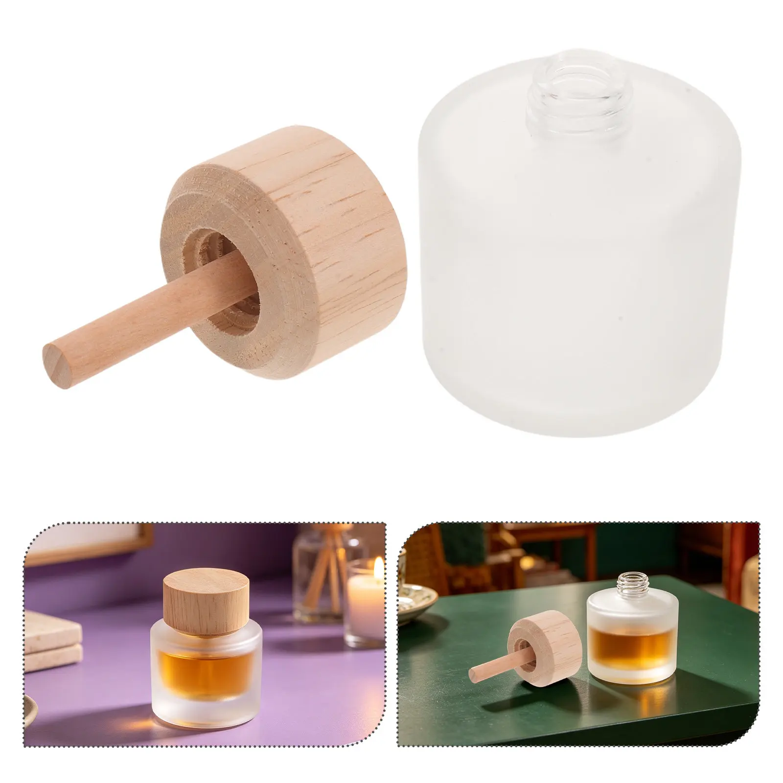 2 Pcs Bottle Empty Essential Oil Containers Fragrance with Wooden Lid Diffuser Glass Decorative Perfume Bottles 50ml Cap Jar