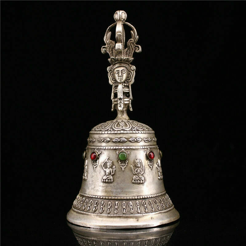 

7.09" Tibet Temple Copper Silvering Inlay Gem Handmade Exorcism Bell