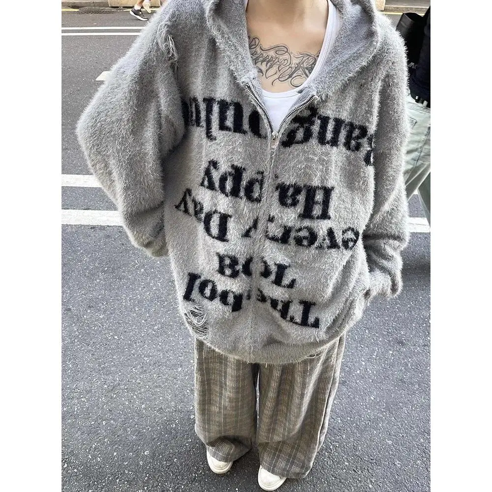 

American Lazy Retro High Street Loose Couple Zipper Knitted Cardigan Men Women Sweater Long Sve Casual Outerwear