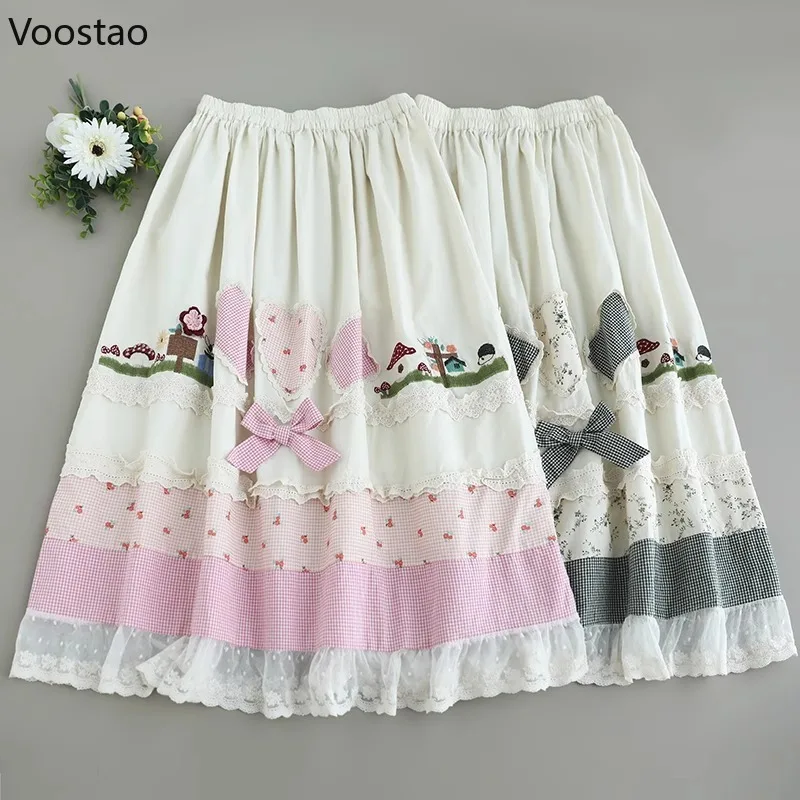 

Japanese Kawaii Lolita Style Skirts Women Prairie Chic Bow Lace Ruffles Tea Party Skirt Female Casual Y2k Princess Midi Skirts