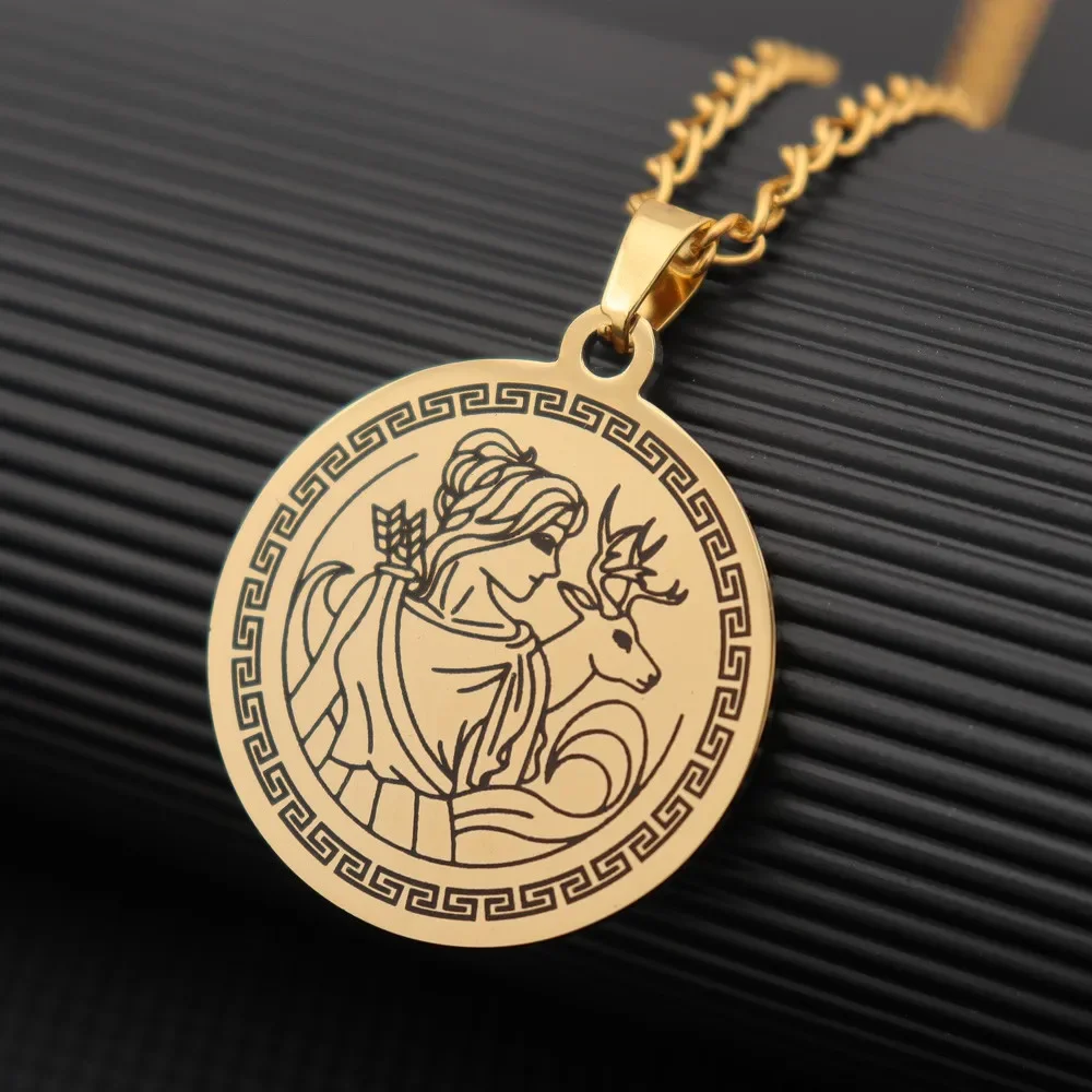 New Vintage Ancient Greek Hunting Goddess Artemis Round Pendant Stainless Steel Necklace Fashion Hip Hop Accessories Jewelry