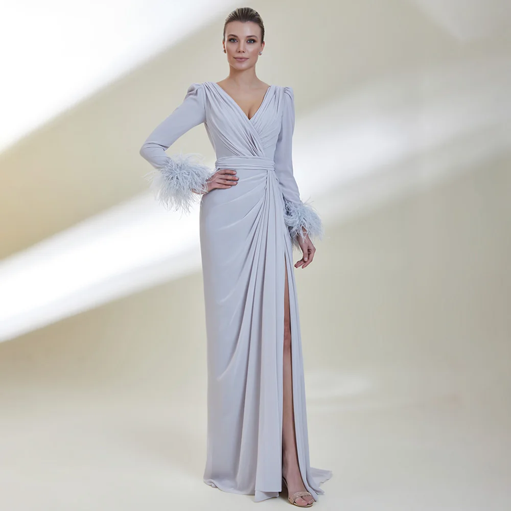 

Evening Dresses Grey Feather Long Sleeves V Neck Mermaid Formal Gowns for Women Trumpet Side Slit Elegant Wedding Guest Dress