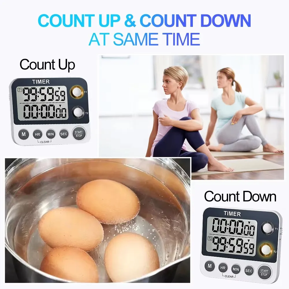 Digital Dual Kitchen Timer, Cooking Timer, Magnetic Timer, Adjustable Alarm Volume Count Up/Countdown Timer（Battery Included)