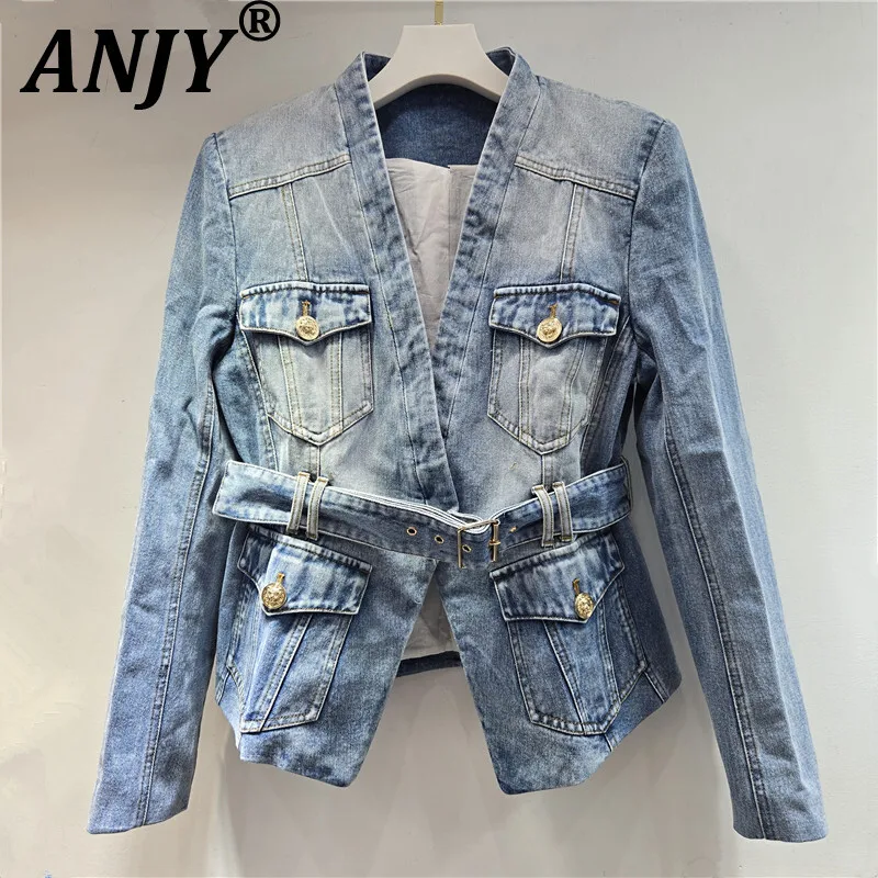 

ANJY 2026 Early Spring New Women European Fashion V-Neck Waist-Cinching Slim Fit Tie Design Denim Jacket Trendy Belt Coat A17443