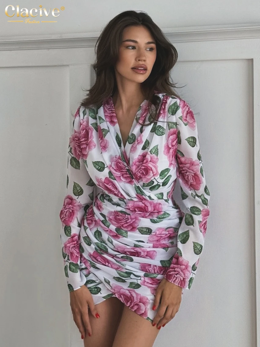 

Clacive Fashion Loose Print Women's Dress 2025 Sexy V-Neck Long Sleeve Mini Dresses Elegant Classic Pleated Lace-Up Female Dress