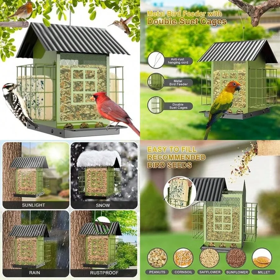 

【New Arrival】Green Metal Bird Feeder with Double Suet Cages, Weatherproof House-Shaped Feeder for Wild Birds