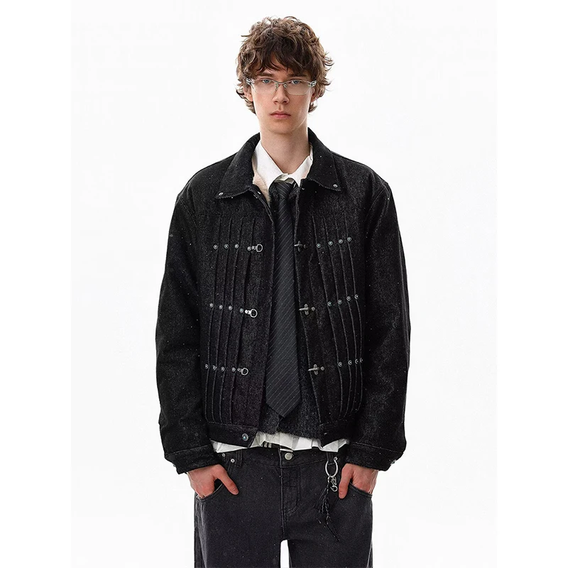 2026 American Style Aircraft Buckle Workwear Jacket Original Color Pleated Design Short Men's Fashion Denim Coat Autumn Winter