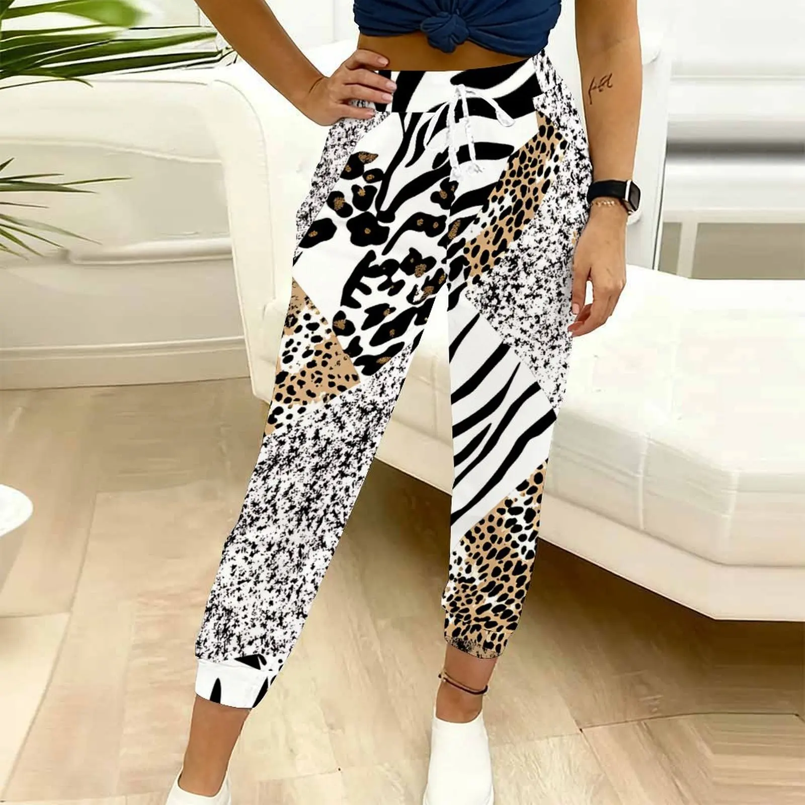 Women's Fashion Leopard Print Ninth Pants Casual Drawstring Design Pants Women Casual Sport Pants Autumn Winter