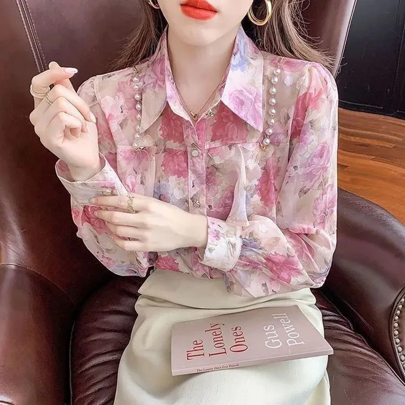 2024 Spring New Western Style All-match Pearl Ruffles Women Floral Chiffon Sweet Long Sleeves Flip Collar Shirt Thin Style Tops