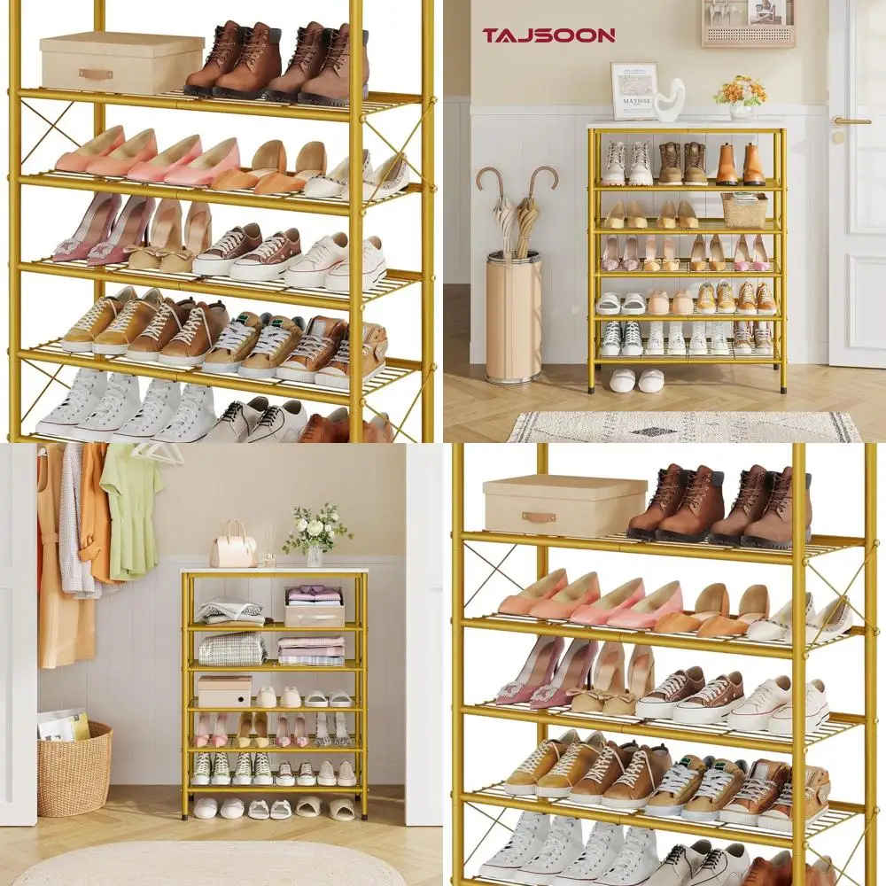 

6-уровневый металлический органайзер для обуви на 20–24 пары, белый и золотой, X-образная рамка для хранения в шкафу и прихожей
