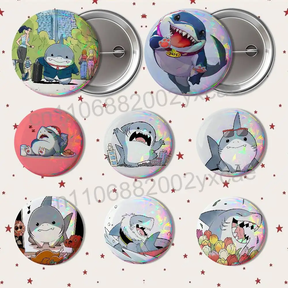 Healing cute pets Shark Jeff Badge on Backpack Clothes decoration Tinplate Round Brooch Funny Custom Gifts for Friend
