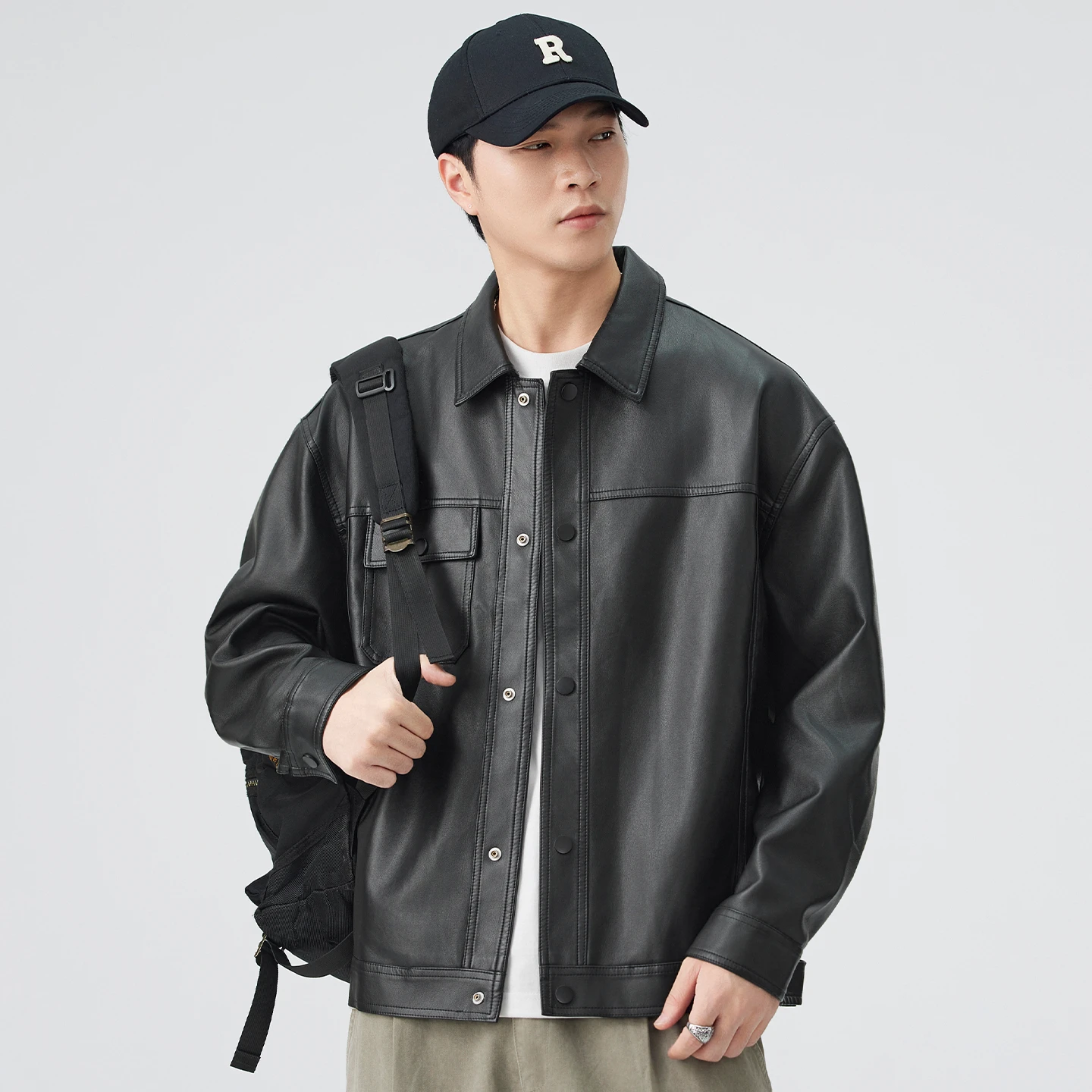 

Men Streetwear Fashion Vintage Loose Casual Leather Motorcycle Jacket Man Spring Autumn Cargo Coat Outerwear