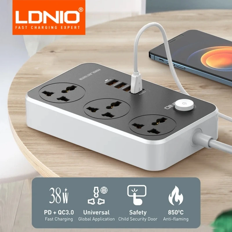 LDNIO Power Strip Plug 3 Outlet Socket 4 USB Ports Network Filter With Switch 2 M Extension Cable Universal Plug Adapter 2500W