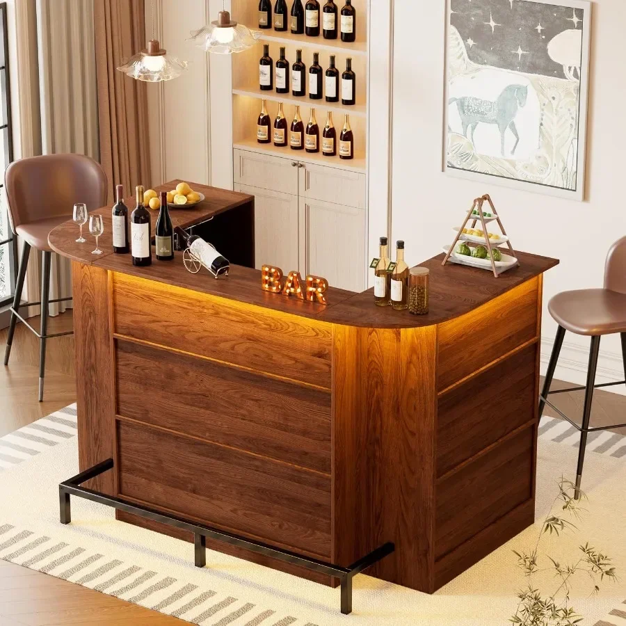 Home Unit Bar Cabinet with LED Light and Stemware Holders, 3 Tier Liquor Bar Wooden Storage Cabinet, Modern U-Shaped Liquor Tab