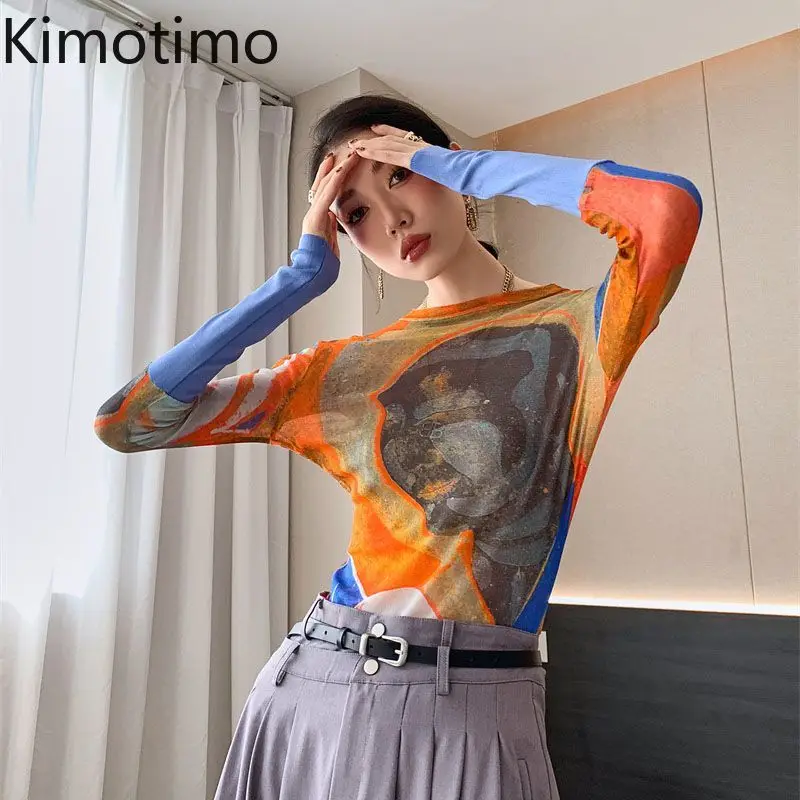 

Kimotimo, винтажная сетчатая футболка с длинным рукавом и принтом граффити, женская осень 2022, облегающие короткие топы с круглым вырезом, эстетичная футболка Harajuku Y2k