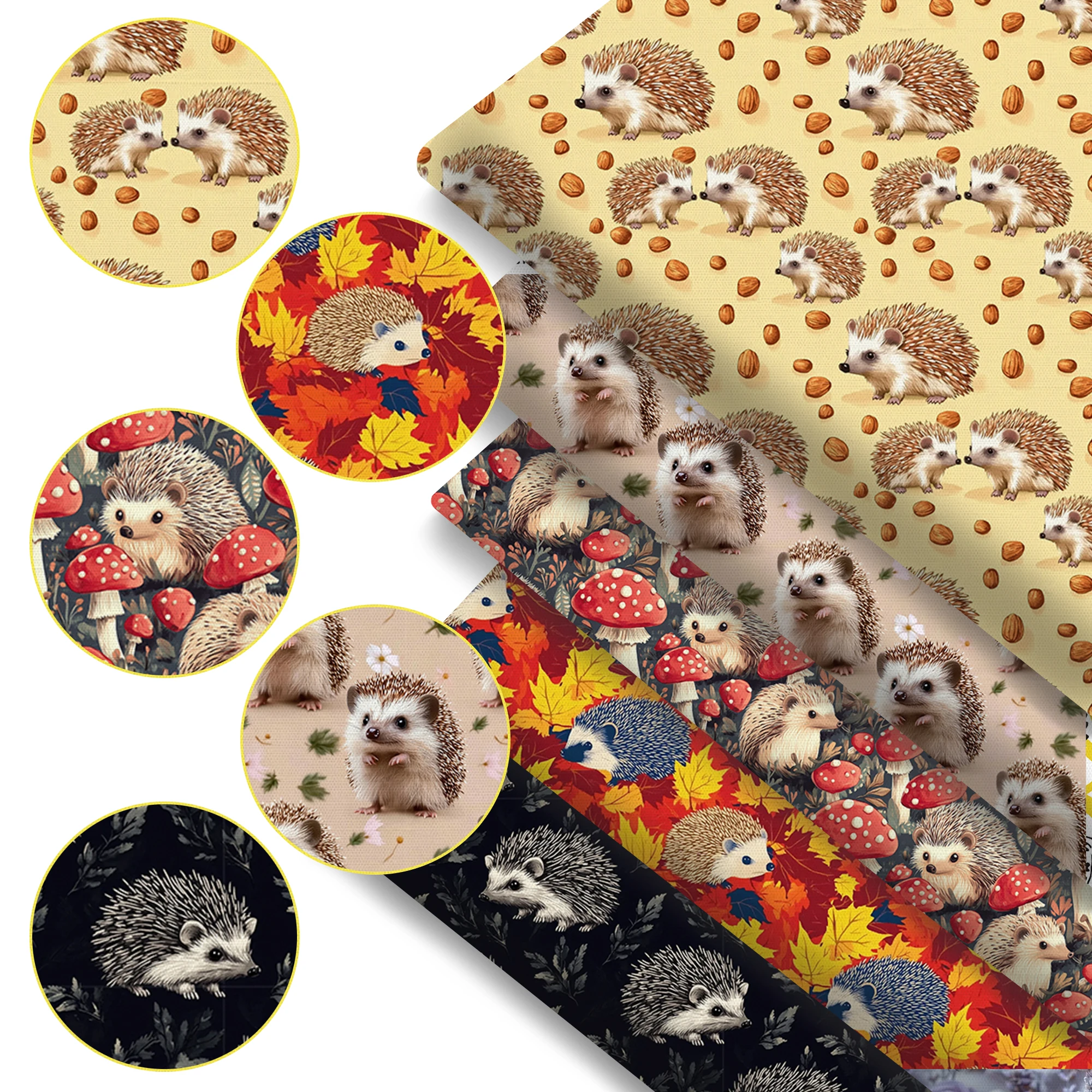 Animal Hedgehog Themed Fabric Bundle 5pcs Assorted Colors Pre Cut Polyester Quilting Squares for DIY Crafts Gift Wrapping