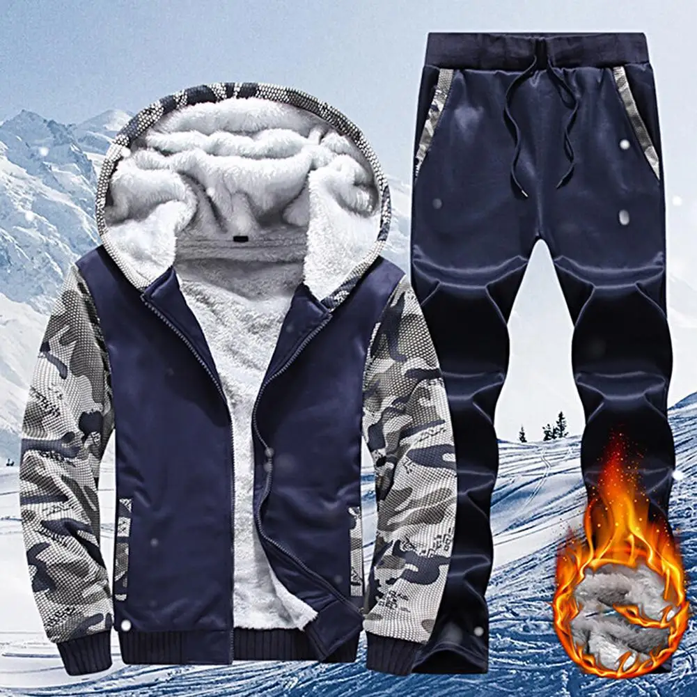 Men\'s Winter Jacket Set Male Tracksuit Fleece Lining Camouflage Print Sweatshirt Pants Down Jacket Man Casual Jacket Pants Set