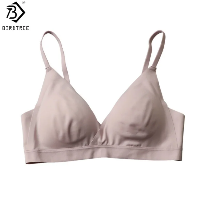 Birdtree, Lining Silk Blended Bra, Women's Traceless Underwear, Soft Triangle Cup Breathable Bralette, 2026 Autumn New S6O706JF