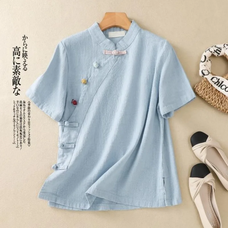 

Summer New Chinese Style Linen Shirt For Women Button Oblique Placket Short Sleeve Casual Top