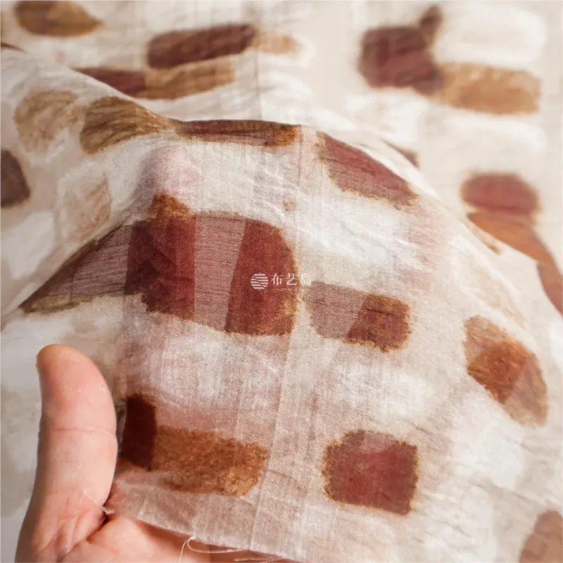 Skin-friendly semi-transparent brown irregular geometric pattern printed linen fabric dress cheongsam