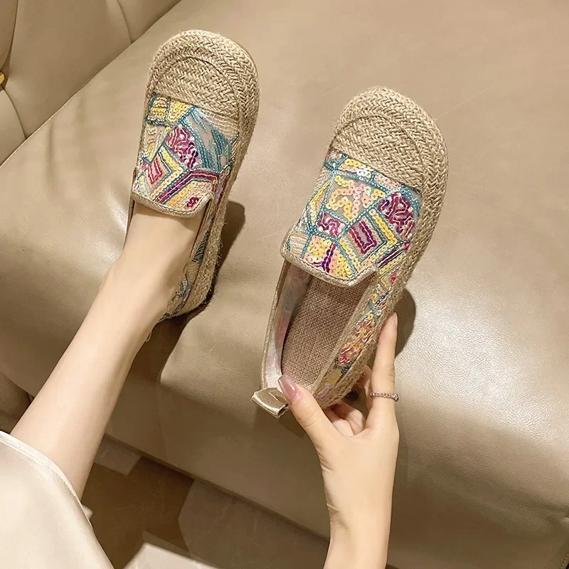 Bling Glitter Bohemian Fisherman Shoes Women 2024 Paillette Woman Flats Hemp Soft Soled Mixed Color Sneakers Loafers