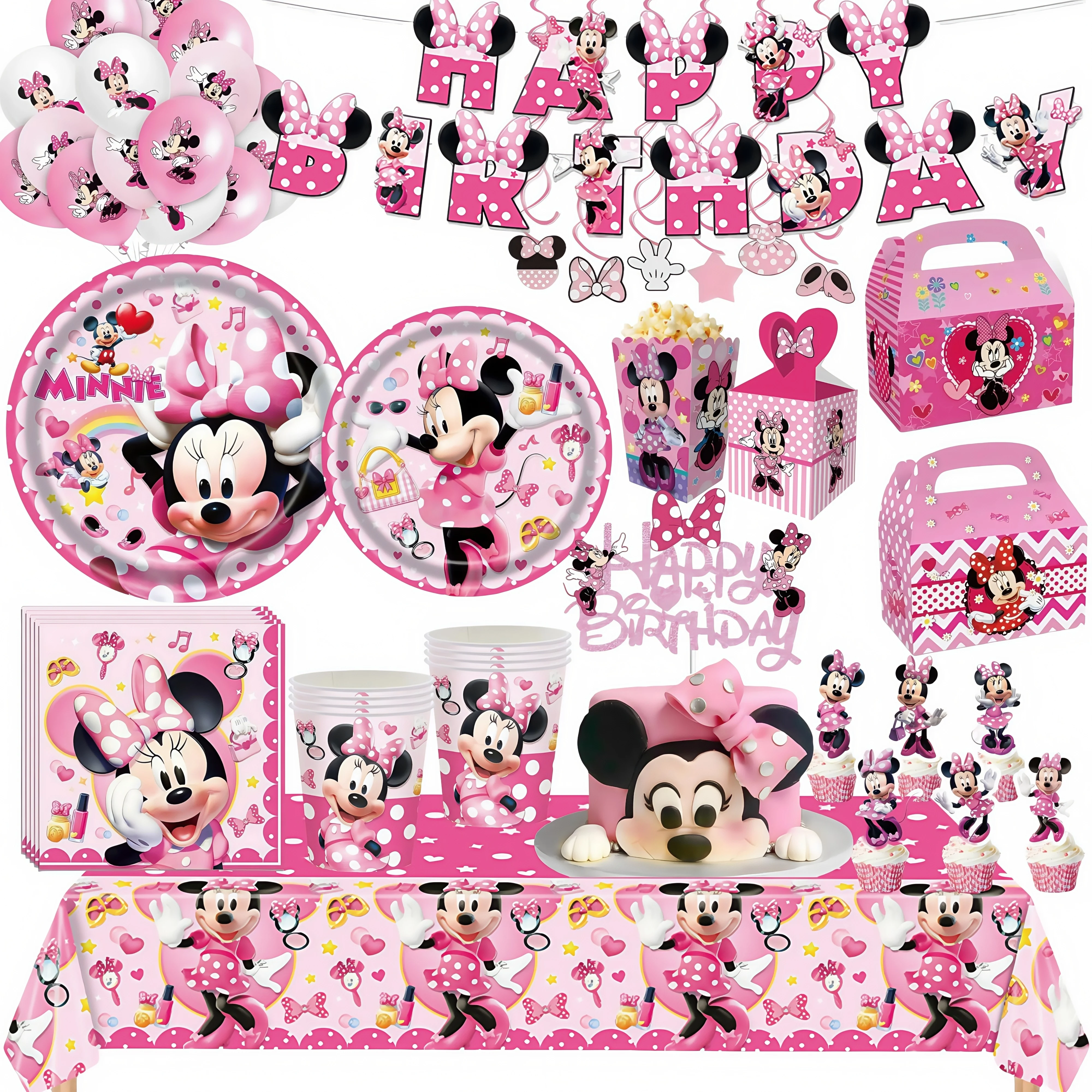 Décoration de fête d'anniversaire Minnie Mouse, vaisselle, ballon, tasse, assiette, bannière, Bracelet pour enfants filles, cadeaux de fête, réception-cadeau pour bébé