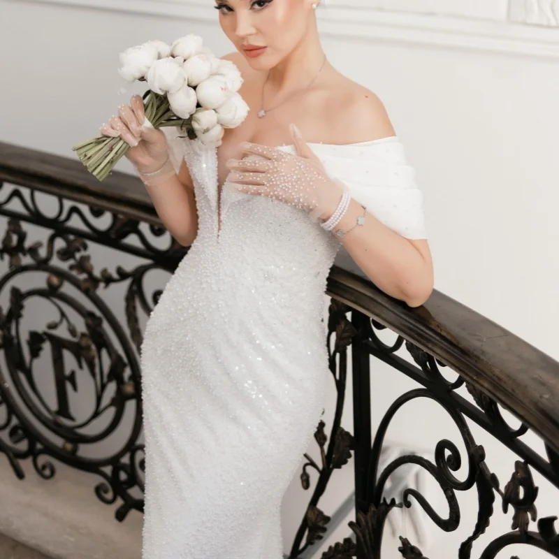 Beadwork White Appliques Wedding Dresses Decal skirt long tail Mermaid Skirt Made wedding dress Bridal Gown