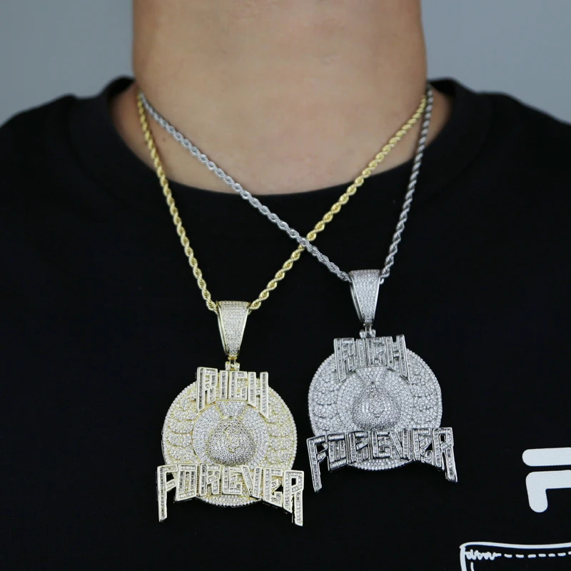 New Arrived Men Hip Hop Jewelry Iced Out Bling Sparking 5A Cubic Zirconia Rich Forever Letter Money Bag Punk Pendant Necklaces