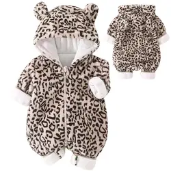 Infant Girls Leopard Print Romper Hooded Long Sleeved Plush Jumpsuit Boys Winter Warm Bodysuit Clothes Newborn Outwear