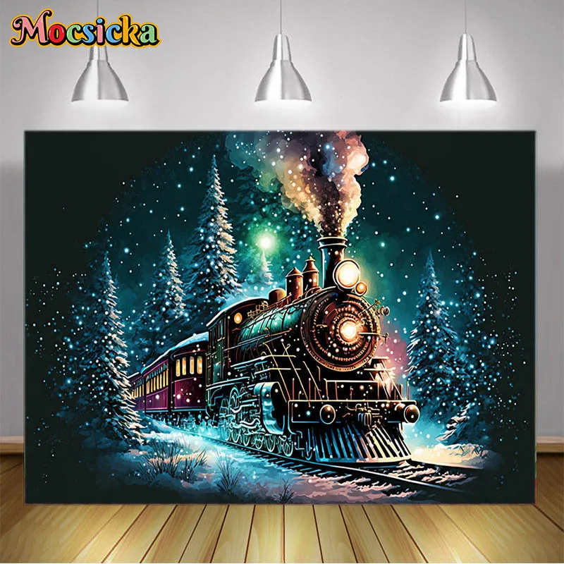 Photography Background Christmas Train Through Snowy Forest Railroad Station Retro Locomotive Backdrop Winter Landscape Banner