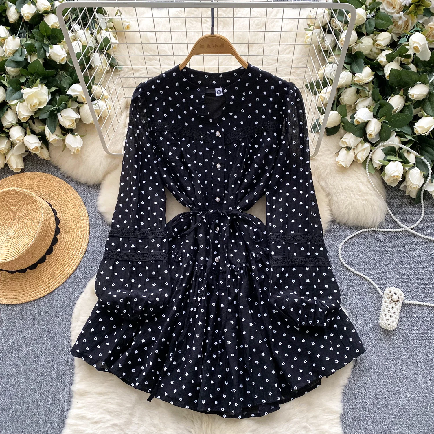 Mini abito vintage chic con scollo a V increspato a pois sottile elegante fata moda coreana Boho abbigliamento donna