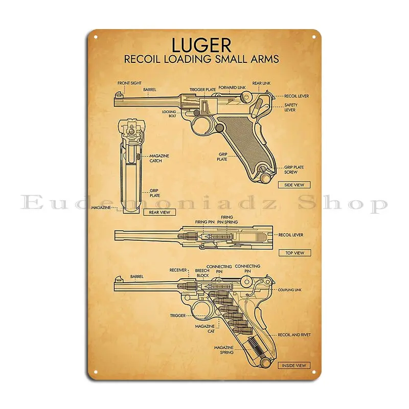 Luger Recoil Loading Small Arms Aged Parchment Metal Sign Pub Custom Club Custom Club Bar Tin Sign Poster