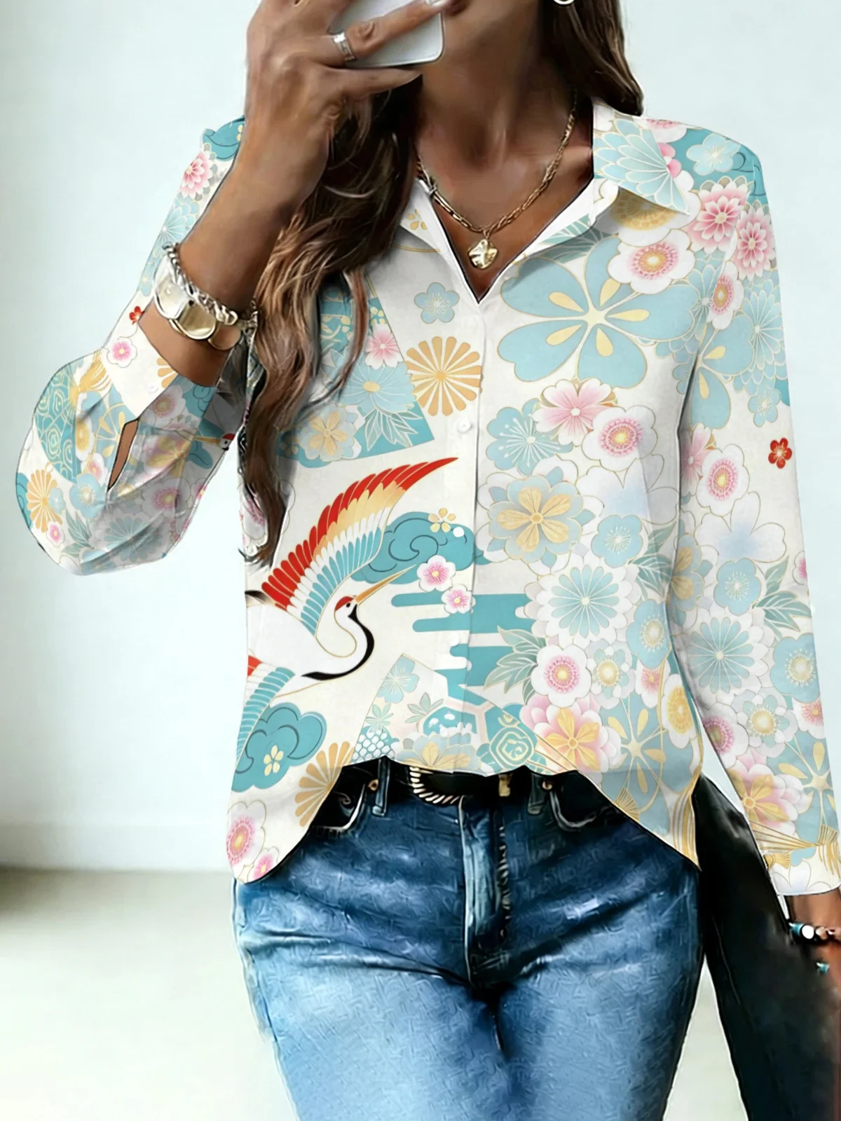 Artistic Oriental Crane Flower Womens Collared Shirt White Base Gold Line Sakura Cloud Allover Print Long Sleeve Gentle Dating