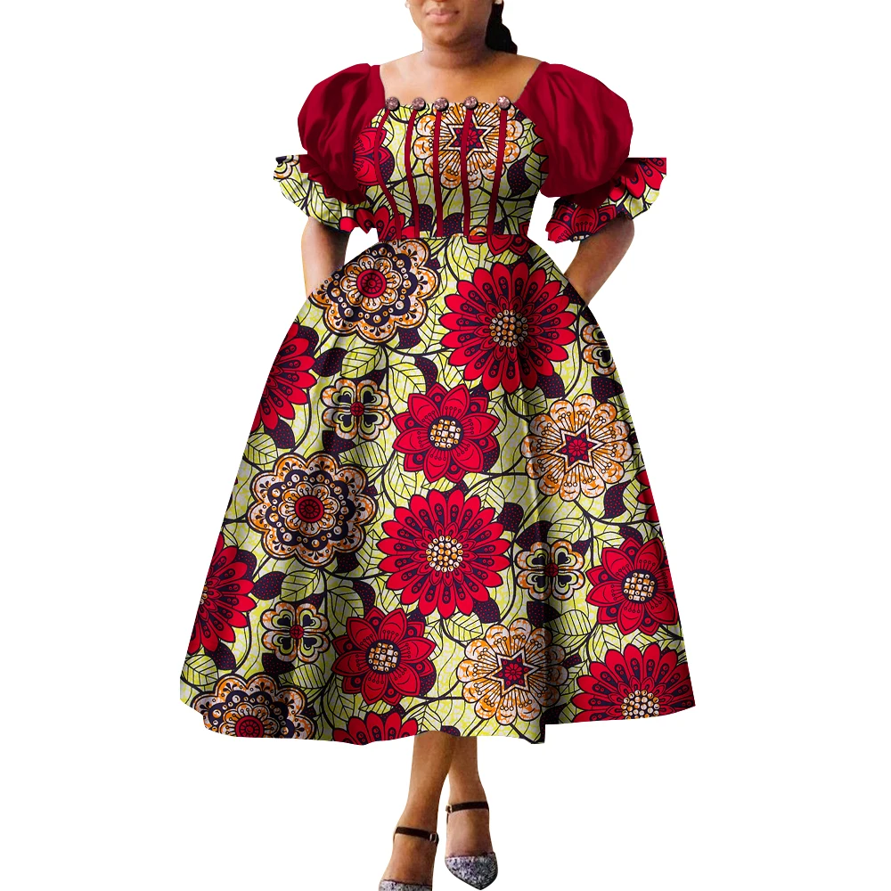 African Style Dresses for Women Puff Sleeve High Waist Gowns Ankara African Dress Princess Dress Robe Africaine Femme WY9970