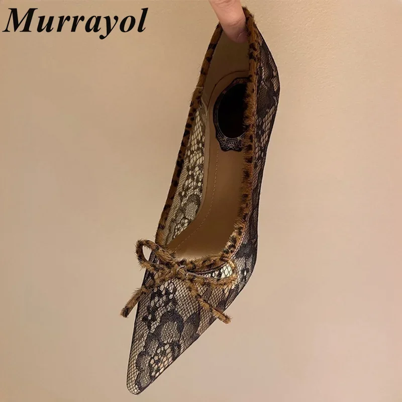 Sandali da donna in pizzo a rete con punta a punta Decorazione con nodo a farfalla Tacchi alti sottili Sandali con cinturino alla caviglia Scarpe da festa estive Décolleté